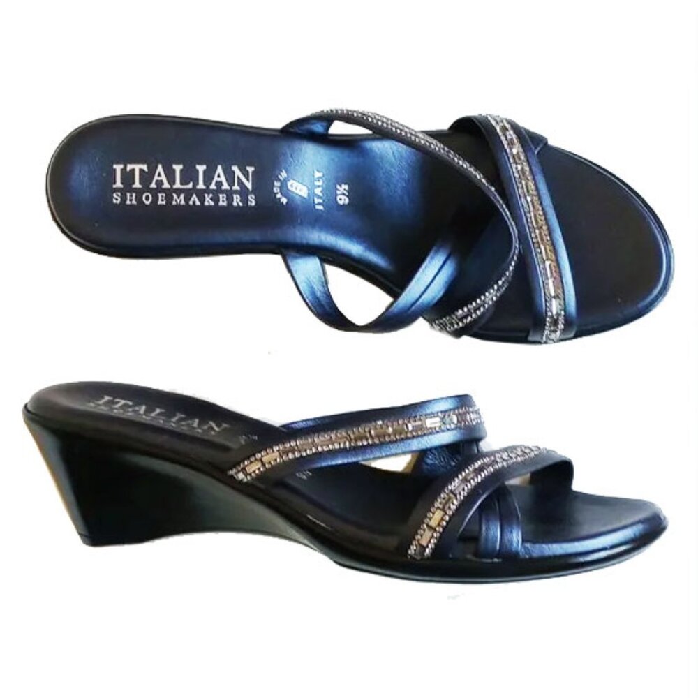 NWOT Italian Shoemakers Sculpted Wedge Strappy Sandals 9.5 Navy Silver Beaded
